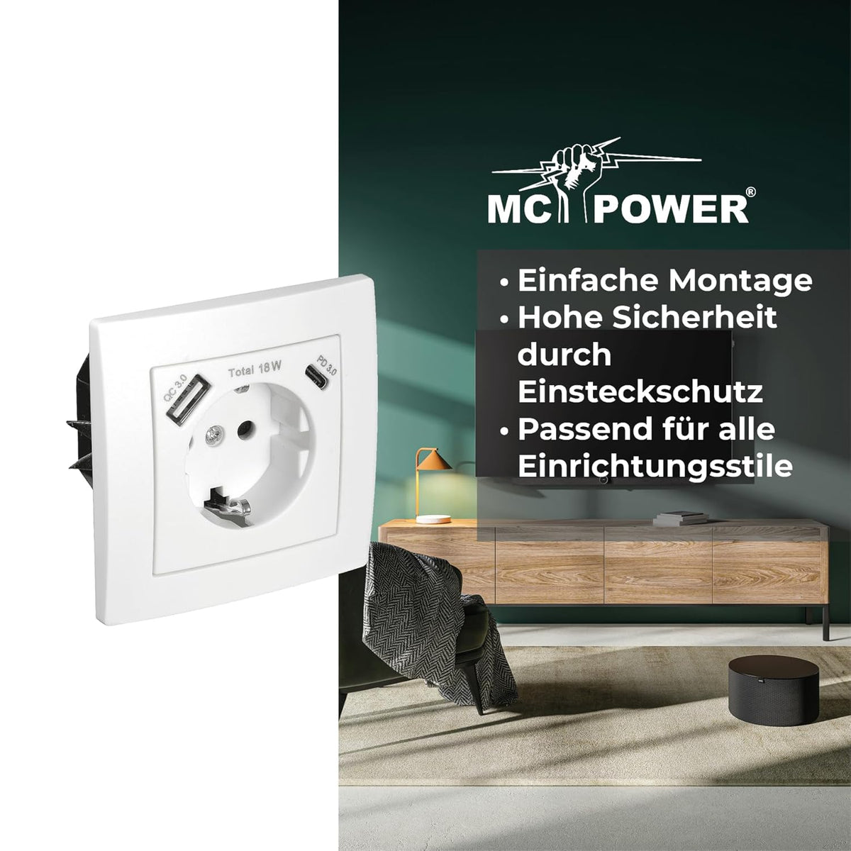 McPower Schutzkontakt Steckdose, 1x USB-C 18W Quickcharge 1x USB-A inklusive Rahmen | FLAIR | 250V~/16A, UP, Unterputzsteckdose mit Einsteckschutz weiß matt