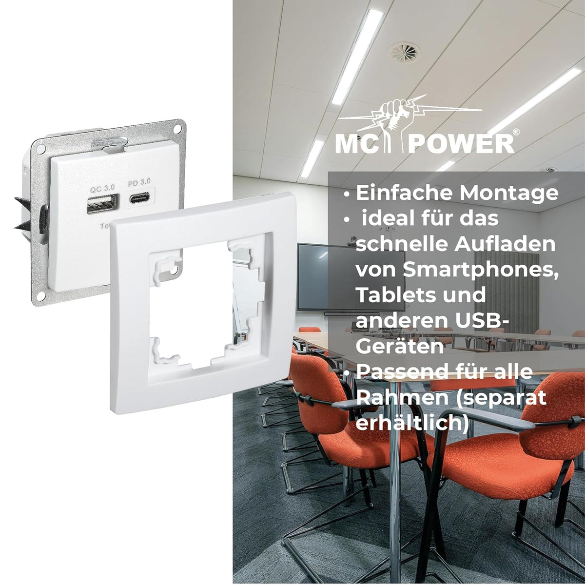 MC POWER USB Ladedose | FLAIR | 2-Fach, 3,4A, USB-A USB-C Ladesteckdose, Ladebuchse weiß für Wohnzimmer, Schalfzimmer Küche Büro