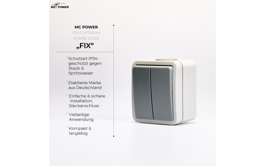 MC POWER Feuchtraum Serienschalter Aufputz | Fix | Licht Schalter Doppelschalter Steckanschluss, IP54, 250V 10A, AP grau