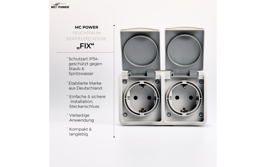 MC POWER Feuchtraum Doppelsteckdose Aufputz | Fix | Zweifach Steckdose 2-fach horizontal Steckanschluss, 250V 16A, IP54, AP grau