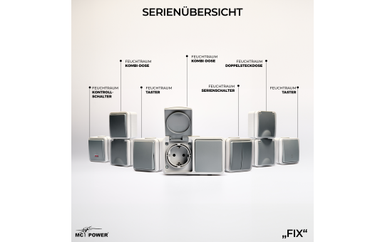 MC POWER Feuchtraum Doppelsteckdose Aufputz | Fix | Zweifach Steckdose 2-fach horizontal Steckanschluss, 250V 16A, IP54, AP grau