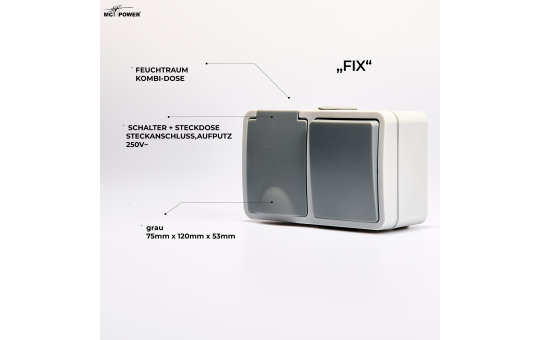 MC POWER Feuchtraum Kombidose Schalter Steckdose Aufputz | Fix | horizontal 1fach Kombischalter mit Steckdose Steckanschluss, 250V, AP grau