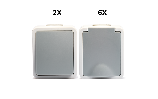 MC POWER Feuchtraum Schalter Steckdosen Set | 2x Wechselschalter + 6x Einzelsteckdose | Fix Starter | IP54 Steckdose Lichtschalter mit Steckanschluss grau
