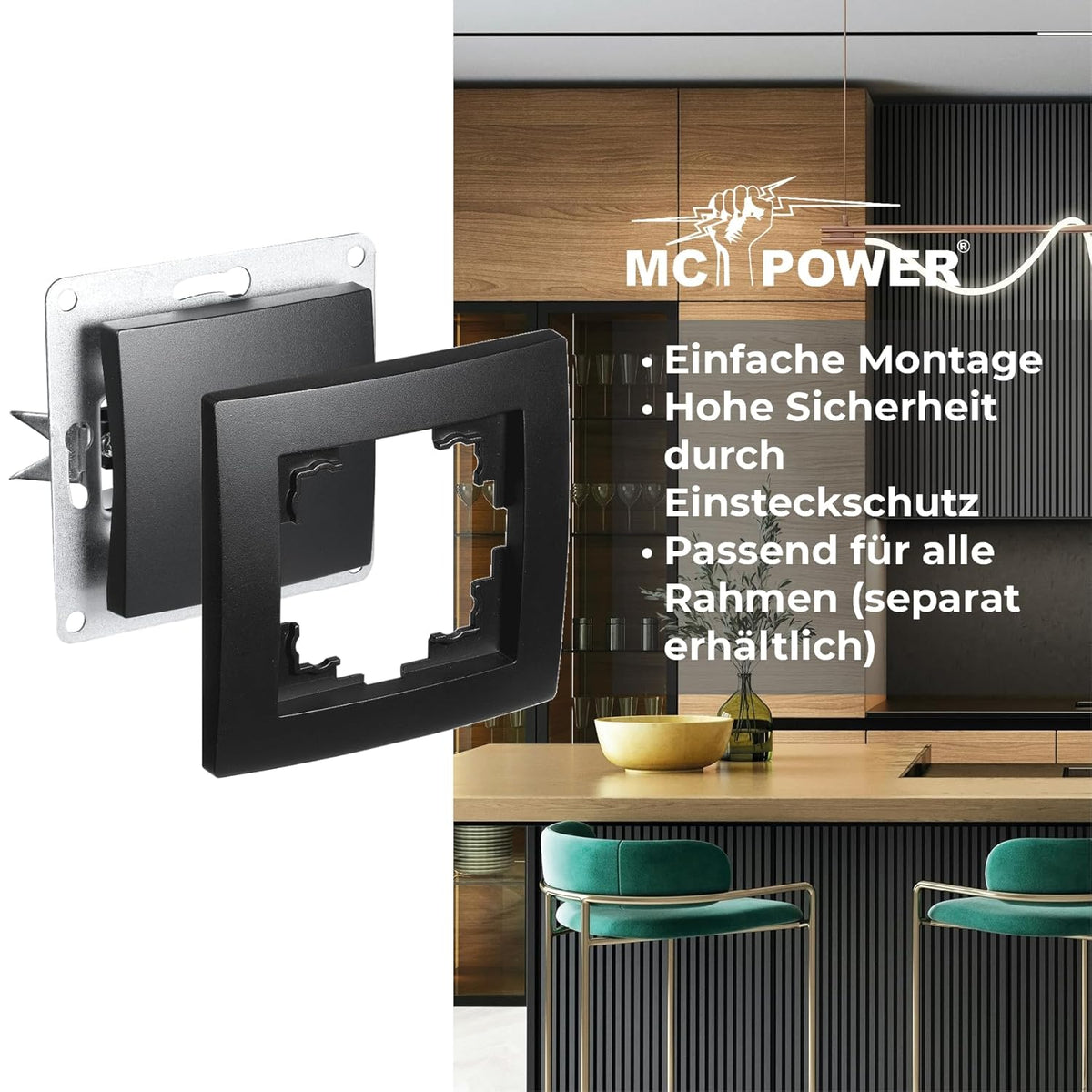 MC POWER Kreuzschalter | FLAIR | 10A Lichtschalter Unterputz 250V ein aus Schalter, Wippschalter Schraubklemmen Anschluss, matt Schwarz