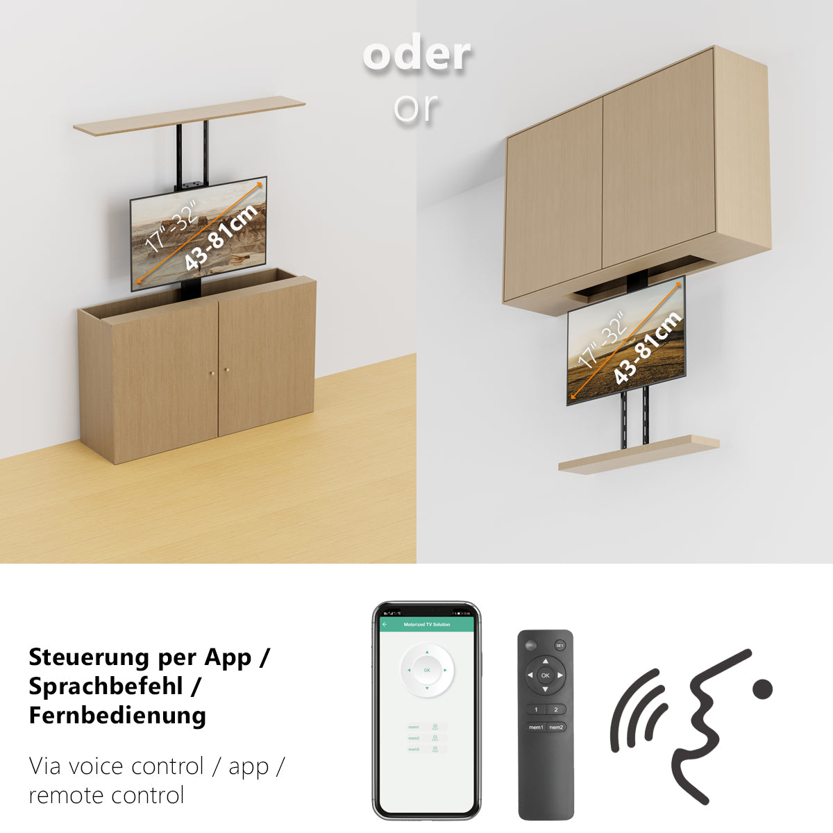MyWall HP66 elektrischer TV Lift zum hochfahren & herunterlassen 17-32" Bildschirme (mit Fernbedienung, für 43-81cm TVs, max. 45kg Belastbarkeit)