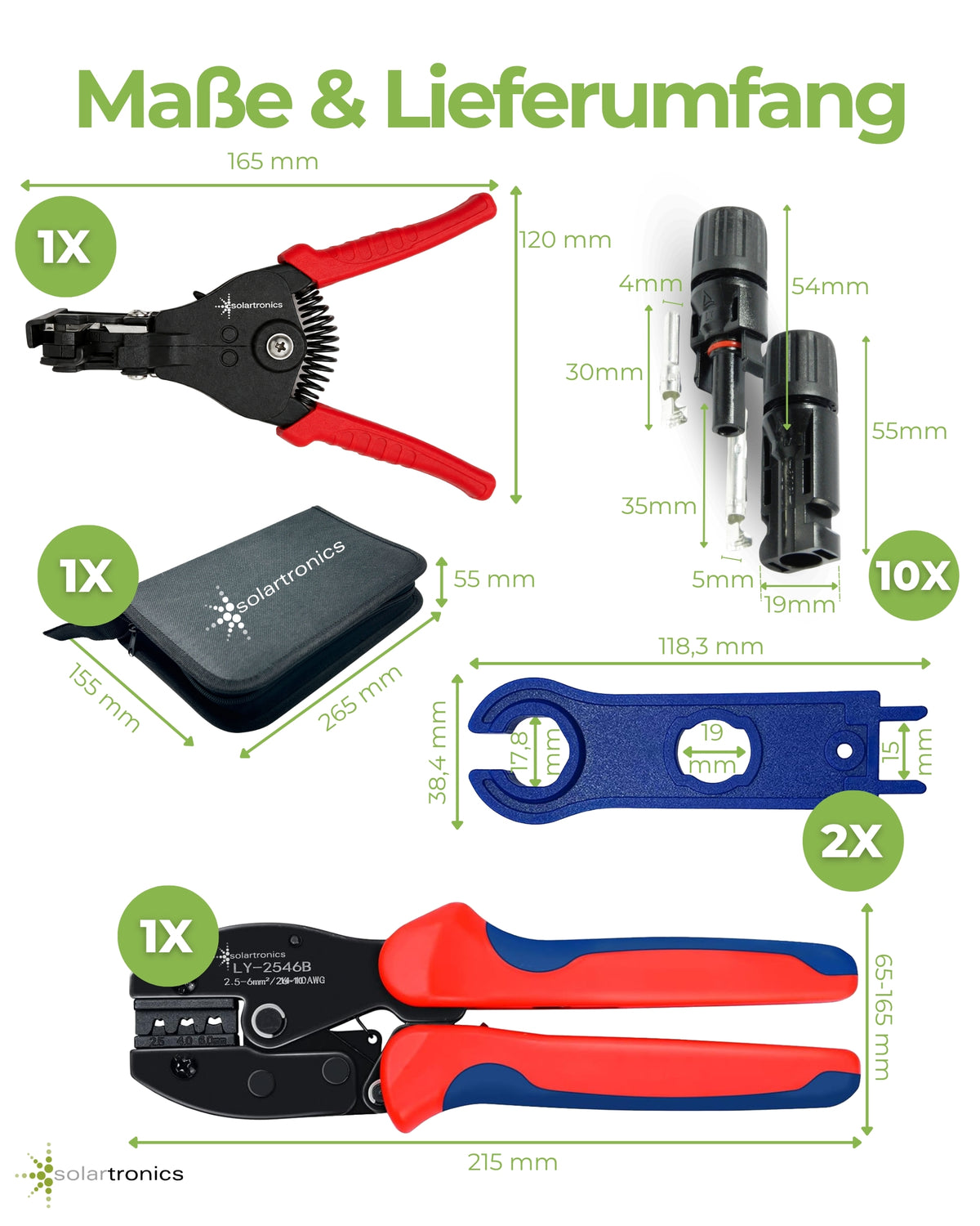 Solar-Crimpzangen-Set für PV-Kabel 2,5/4/6 mm² inkl. Abisolierzange, Solarstecker und Montageschlüssel