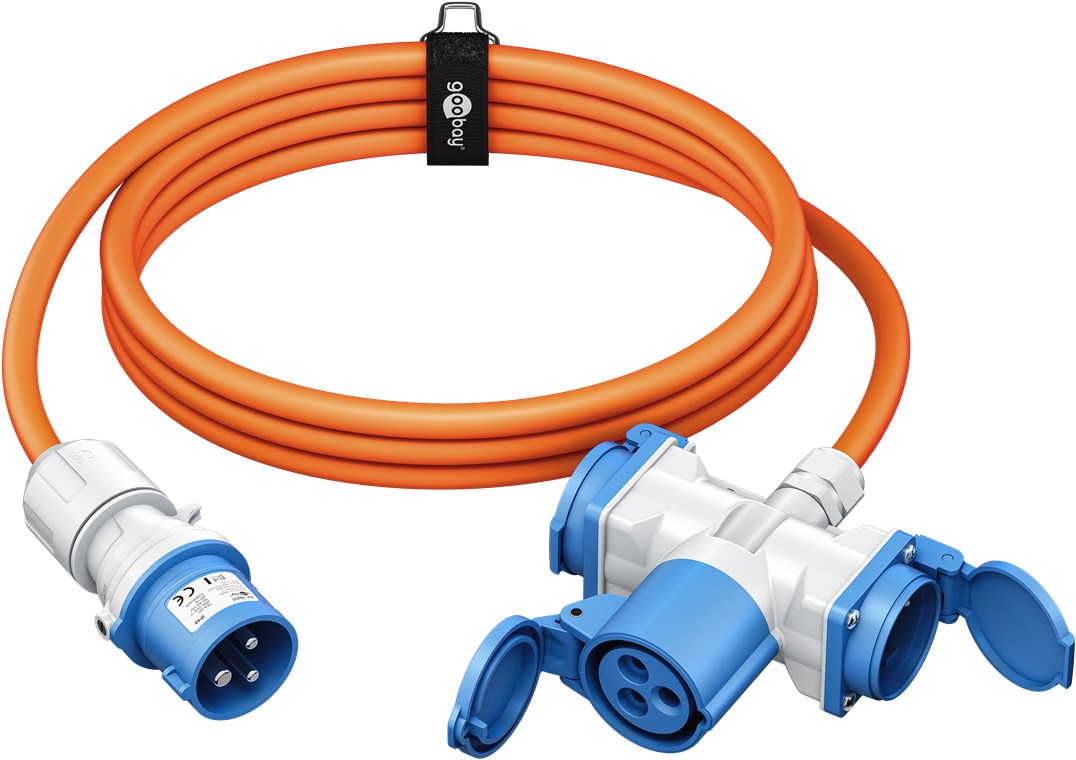 goobay CEE-Adapterkabel für Wohnwagen 5 m CEE-Stecker auf 1 x CEE-Buchse und 2 x Schutzkontaktsteckdose, IP 44, Kabel für Camping, Wohnmobil und Baustelle