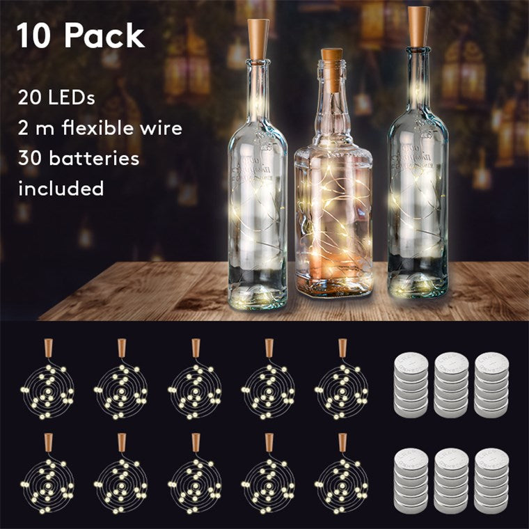 goobay 10er Set Flaschenlicht, 2m Lichterkette mit 20 LED zum Einlegen in Flaschen, Deko Licht mit Batterien im Korken