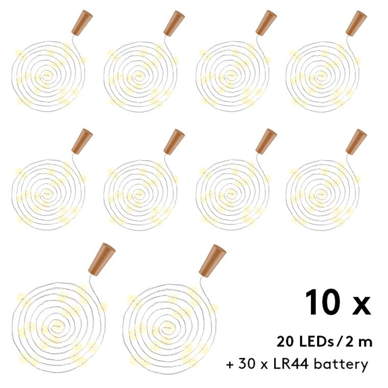 goobay 10er Set Flaschenlicht, 2m Lichterkette mit 20 LED zum Einlegen in Flaschen, Deko Licht mit Batterien im Korken