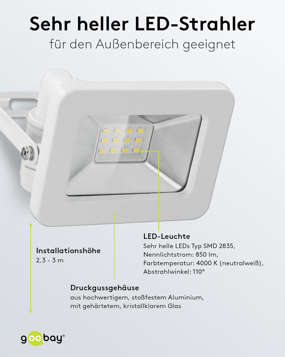 LED Strahler Außen 10W / Außenstrahler IP65 / Neutralweißes Licht 850 lm/LED Scheinwerfer Fluter Wandmontage / IP65 Gartenstrahler / Weiß [Energieklasse F]
