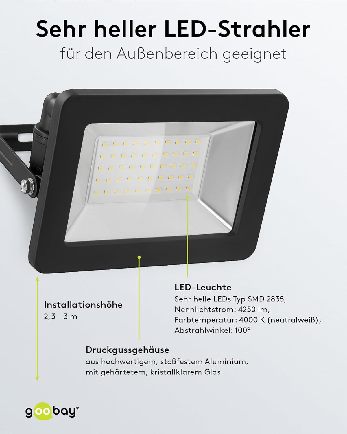 LED Strahler Außen 50W / Außenstrahler IP65 / Neutralweißes Licht 4250 lm / LED Scheinwerfer Fluter Wandmontage / IP65 Gartenstrahler/Schwarz [Energieklasse F]