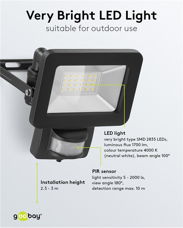 LED Strahler Bewegungsmelder Außen 20W / PIR Sensor Außenstrahler IP44 / Neutralweißes Licht 1700 lm / LED Scheinwerfer Fluter Wandmontage / Gartenstrahler / Schwarz