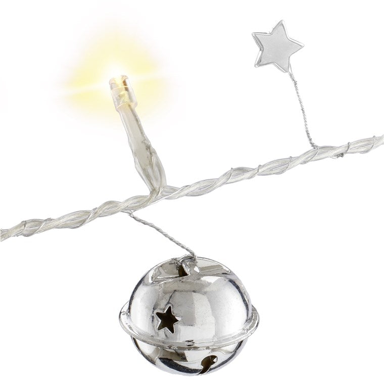 goobay LED Lichterkette mit Timerfunktion Batteriefunktion – Lichterkette für Innenbereich mit 10 LEDs + Glöckchen + Sternen – Warm-Weiß (3000k) – IP20 – 1,3m, Silber, Transparent