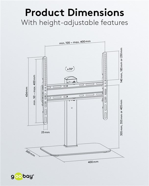 goobay TV Standfuß & Halter – für 32 bis 55 Zoll Flatscreen & Curved Fernseher & Monitore, 40kg Tragkraft, 35° Schwenkbar, 3 Stufig Höhenverstellbar Halterung, mit Kabelmanagement – Schwarz