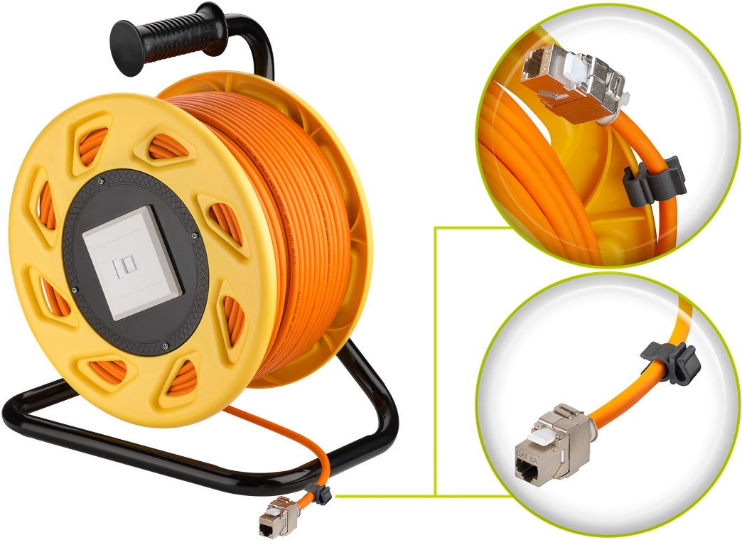 Netzwerk Kabeltrommel 50m Outdoor CAT 7A Kabel RJ45 Keystone Buchse Netzwerkkabeltrommel Netzwerkkabel Verlängerungskabel 50m Orange