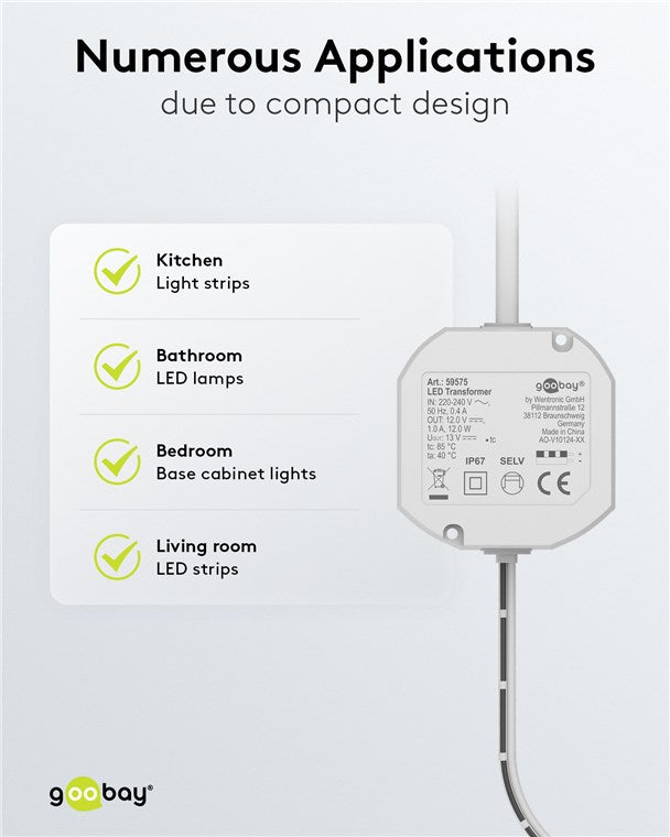 Goobay LED Trafo mit 12V und 12 Watt / Transformator wandelt von 230V AC in 12V DC um