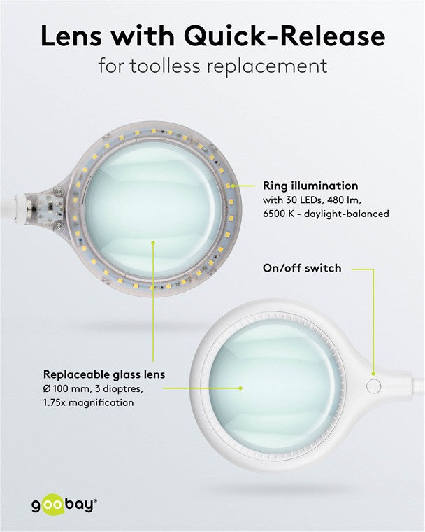 goobay LED Lupenleuchte - Lupenlampe mit Standfuß - Standlupe Licht - 6 W Leistungsaufnahme - Farbtemperatur 6200 K – Lichtstrom 480 lm, Weiß