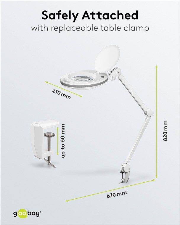 goobay LED Lupenleuchte mit Klemme / Lupenlampe aus Plastik / 8 W Leistungsaufnahme, Farbtemperatur 6500 K / Lichtstrom 650 lm / Betriebsspannung 230 V (AC) / Weiß