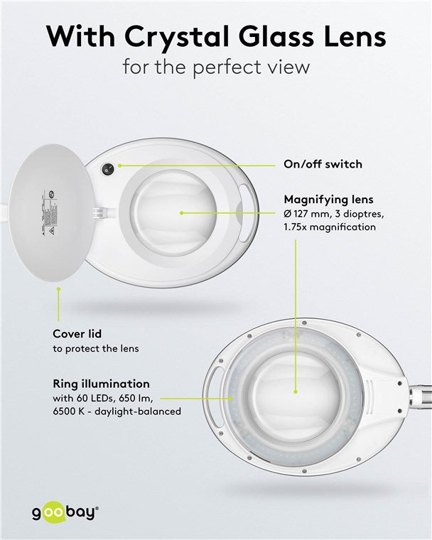 goobay LED Lupenleuchte mit Klemme / Lupenlampe aus Plastik / 8 W Leistungsaufnahme, Farbtemperatur 6500 K / Lichtstrom 650 lm / Betriebsspannung 230 V (AC) / Weiß