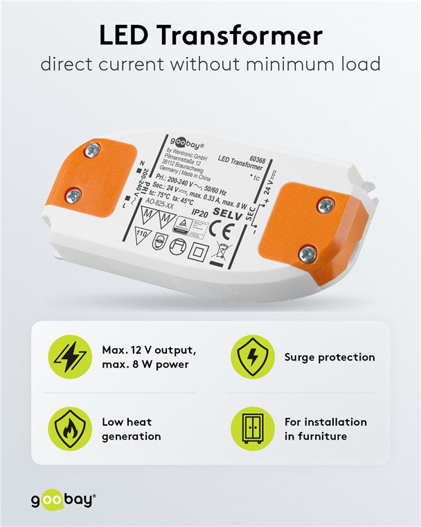 Goobay LED Trafo 230V auf 12V LED Spot 12V Transformator 8W Gesamtlast LED Treiber 12V DC Gleichspannung LED Driver 12V Trafo kein Flackern