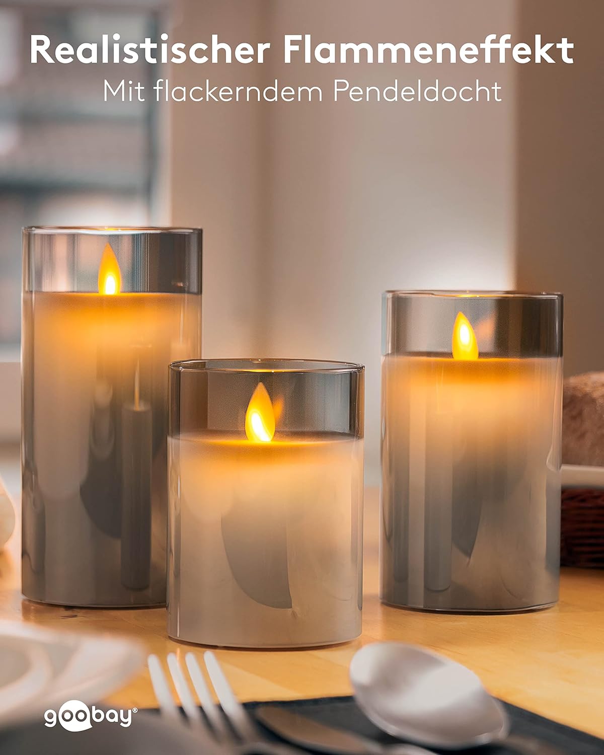 LED Echtwachskerze im Glas / 12,5cm hoch / Flammenlose Kerzen mit beweglicher Flamme / Batteriebetriebene Kerzen / LED Tisch Deko / LED-Kerzen mit Timer, Grau