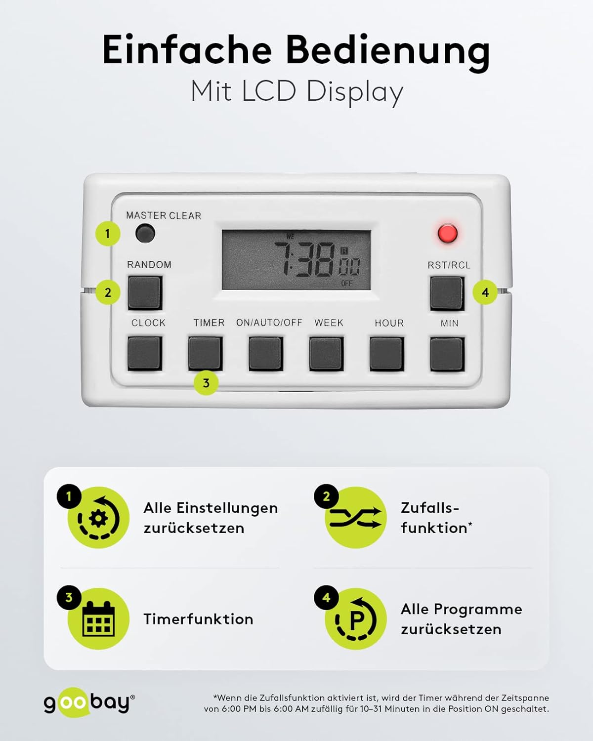 Digitale Zeitschaltuhr Innen – Geräuschlos - Programmierbar - Dauerbetrieb möglich – 10 Schaltprogramme - Back Up Akku f. 4 Tage – Unauffälliges Design