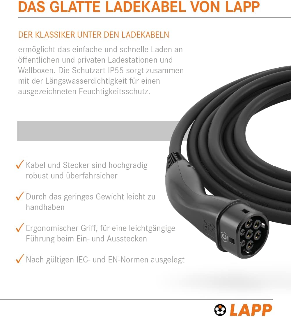 LAPP MOBILITY Typ 2 Ladekabel 22 KW 5m - Ladekabel E Auto 32a 3-Phasig - IP55 geschütztes Ladekabel Mode 3 - Ladekabel Typ 2 mit korrosionsresistenten Steckkontakten - geeignet für PHEV, BEV & EV