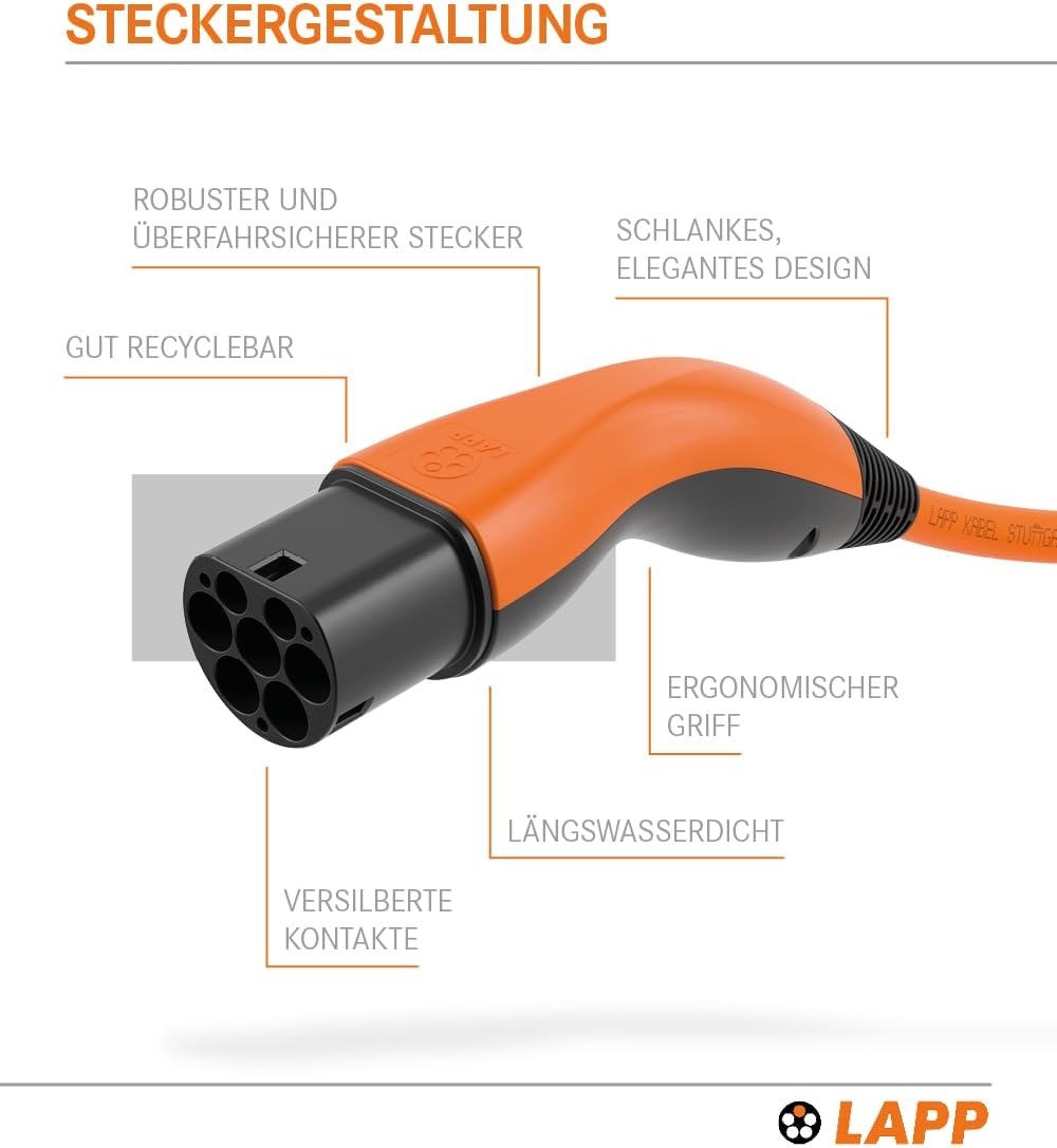 LAPP MOBILITY Typ 2 Ladekabel 11 KW 5m - 20a Ladekabel E Auto 3-Phasig - IP55 geschütztes Ladekabel Mode 3 - Ladekabel Typ 2 mit korrosionsresistenten Steckkontakten - geeignet für PHEV, BEV & EV