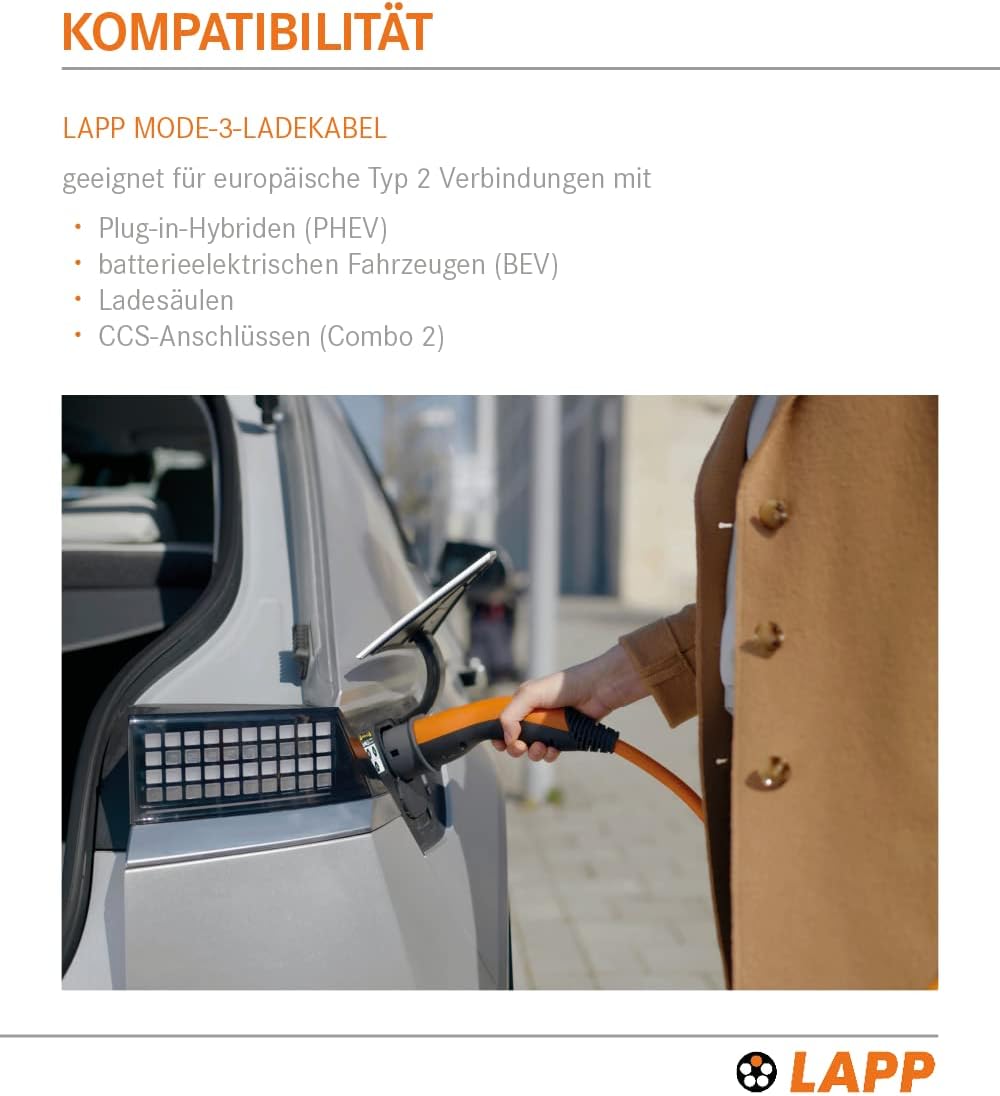 LAPP MOBILITY Typ 2 Ladekabel 11 KW 5m - 20a Ladekabel E Auto 3-Phasig - IP55 geschütztes Ladekabel Mode 3 - Ladekabel Typ 2 mit korrosionsresistenten Steckkontakten - geeignet für PHEV, BEV & EV