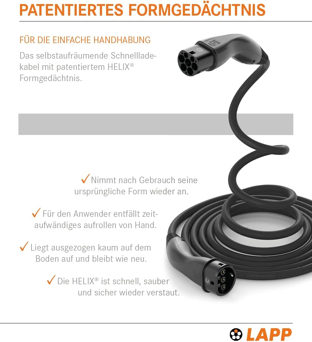 Lapp Mobility Helix Typ 2 Ladekabel 7,4 kW / Selbstaufrollend / 32 A / 1-Phasig / E-Auto Ladekabel / Mode 3 / 5m
