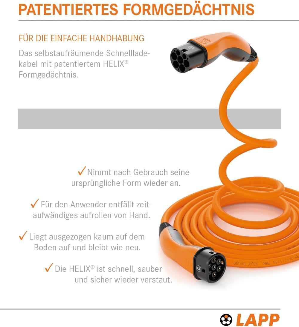 Lapp Mobility Helix Typ 2 Ladekabel 11 kW / Selbstaufrollend / 20 A / 3-Phasig / E-Auto Ladekabel / Mode 3 / 5m