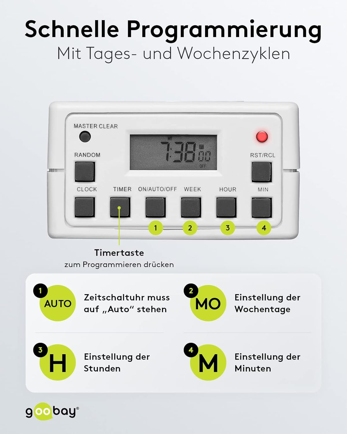 Digitale Zeitschaltuhr Innen – Geräuschlos - Programmierbar - Dauerbetrieb möglich – 10 Schaltprogramme - Back Up Akku f. 4 Tage – Unauffälliges Design