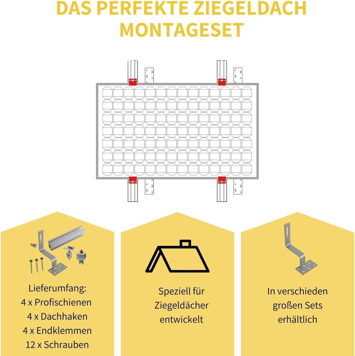 Solar Halterung Ziegeldach I Set für 1 PV Module 30-40mm I silber I Solarmodul Halterung Balkonkraftwerk I Solarmodulbefestigungsset für Ziegeldächer aus Edelstahl