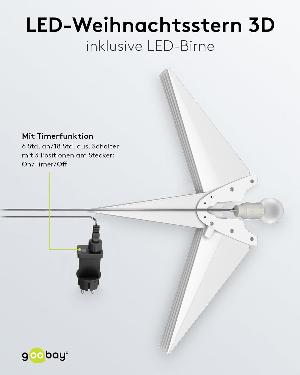 LED Weihnachtsstern 3D Ø 56 cm / Stern mit 18 Zacken und Timer / Weihnachtsdeko/LED Stern für stimmungsvolle Atmosphäre / 4,5-V-Außentrafo / Wanddeko / Leuchtstern / weiß