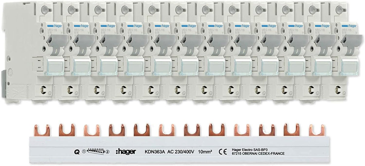 Hager Set 12x LS Schalter 1-polig MBS116 + 1x Phasenschiene 3-polig KDN363A