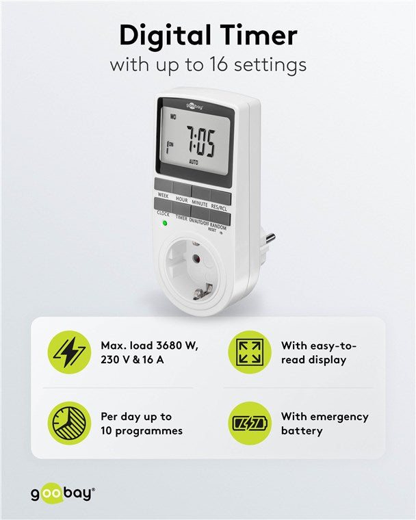 2er-Set Zeitschaltuhr digital mit 16 Programmen - Zeitschaltuhr Steckdose mit Zufallsmodus zum Einbruchschutz - Timer Steckdose inkl. 100 Tage Back-up Akku - 3680W - 230V (AC) - 16A