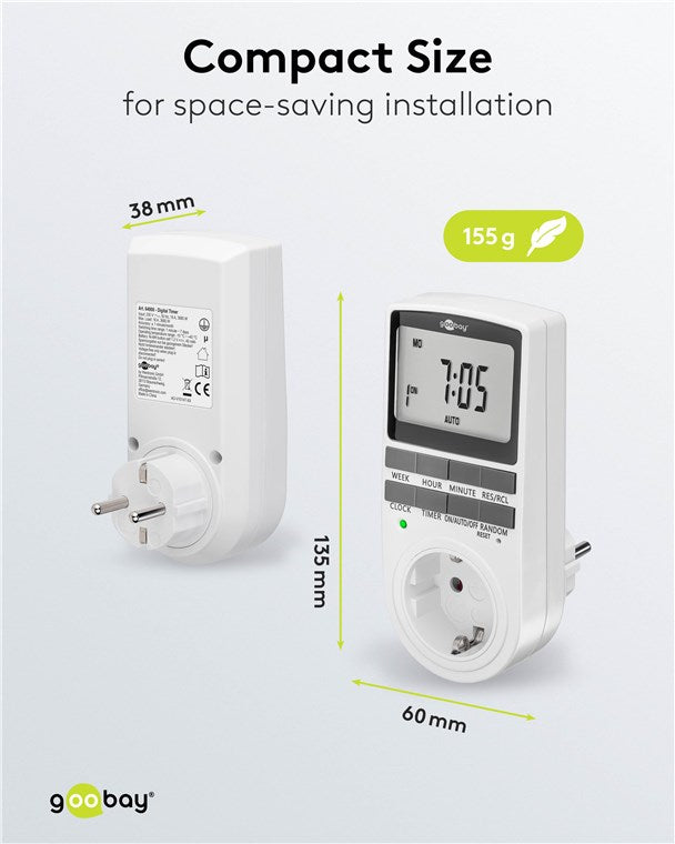 2er-Set Zeitschaltuhr digital mit 16 Programmen - Zeitschaltuhr Steckdose mit Zufallsmodus zum Einbruchschutz - Timer Steckdose inkl. 100 Tage Back-up Akku - 3680W - 230V (AC) - 16A
