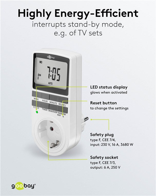 2er-Set Zeitschaltuhr digital mit 16 Programmen - Zeitschaltuhr Steckdose mit Zufallsmodus zum Einbruchschutz - Timer Steckdose inkl. 100 Tage Back-up Akku - 3680W - 230V (AC) - 16A