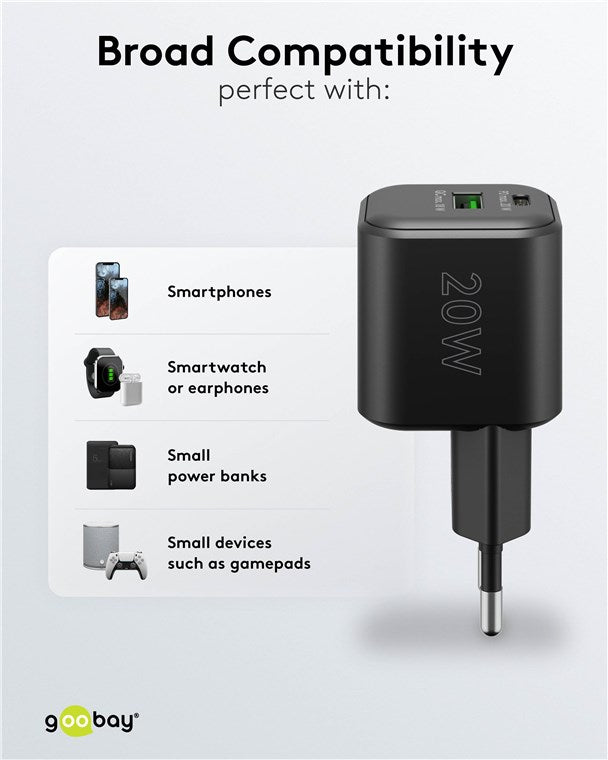 USB C Dual Schnellladegerät Nano PD (20W) / QC USB-A (18W) / USB C Ladegerät für Samsung, iPhone, iPad, MacBook/Ladestecker/Ladeadapter für Steckdose/Netzteil für Ladekabel/schwarz
