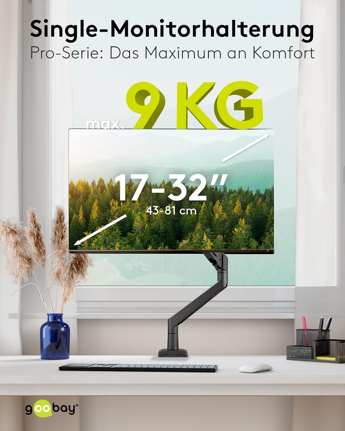 goobay Monitorhalterung mit Gasdruckfeder für Monitore von 17 bis 32 Zoll (43-81 cm), max. 9 kg, einfache Snap-in-Montage der Arme, VESA 75/100mm, schwarz