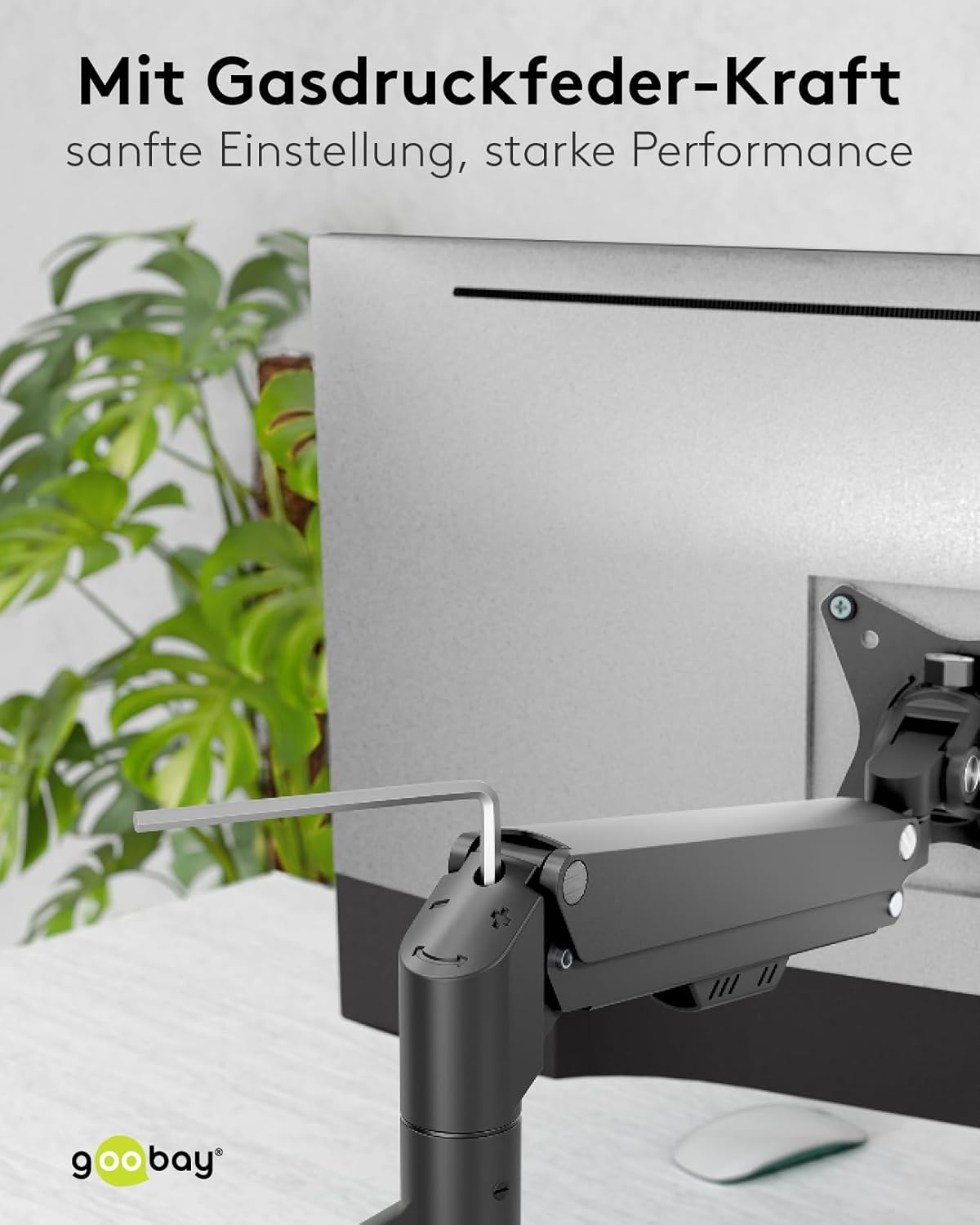 goobay Monitorhalterung mit Gasdruckfeder für Monitore von 17 bis 32 Zoll (43-81 cm), max. 9 kg, einfache Snap-in-Montage der Arme, VESA 75/100mm, schwarz