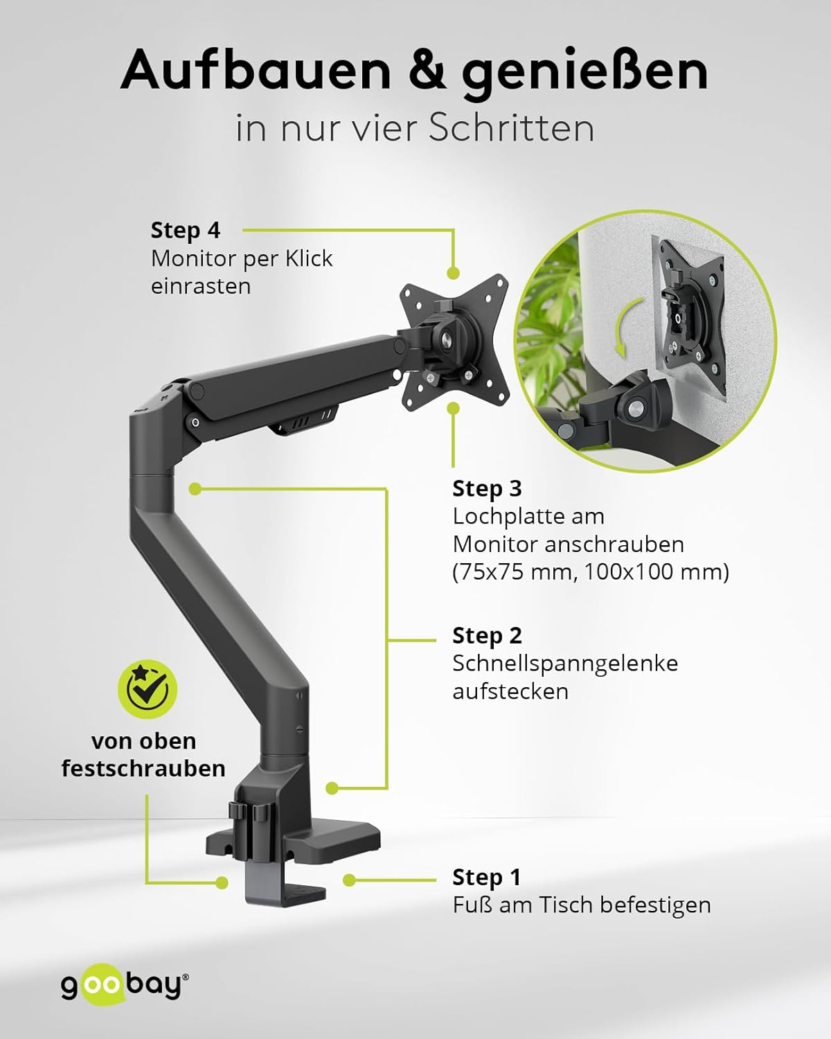 goobay Monitorhalterung mit Gasdruckfeder für Monitore von 17 bis 32 Zoll (43-81 cm), max. 9 kg, einfache Snap-in-Montage der Arme, VESA 75/100mm, schwarz