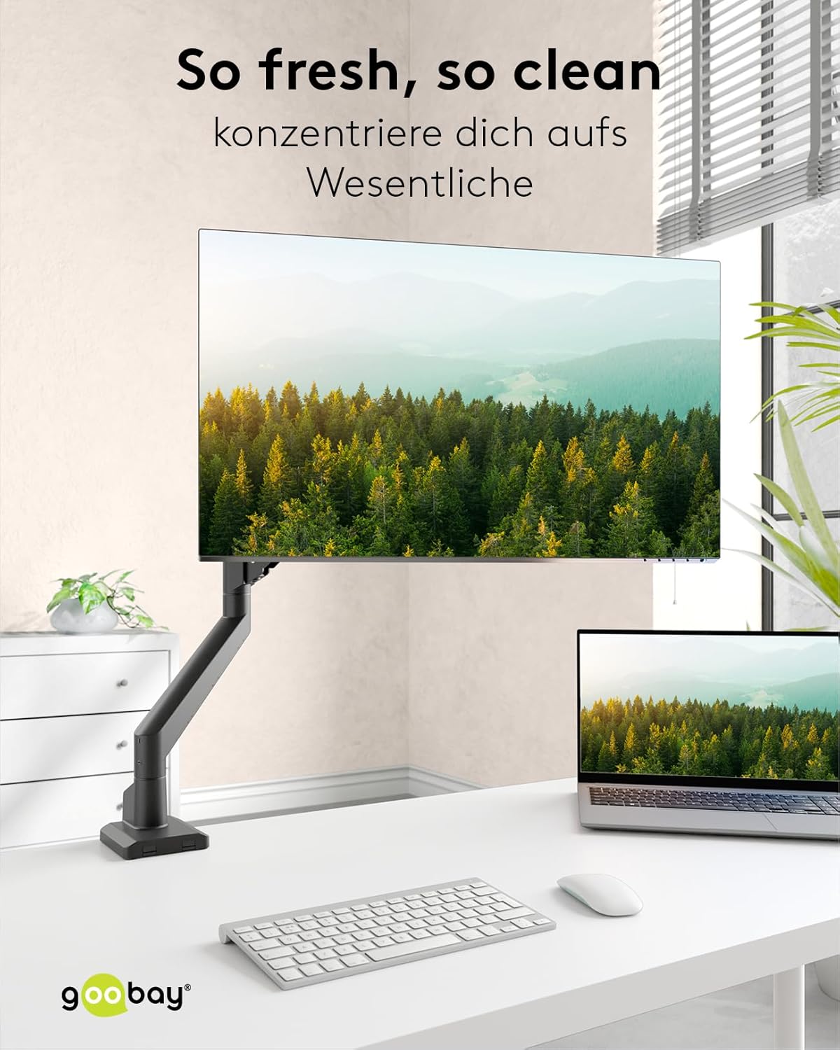 goobay Monitorhalterung mit Gasdruckfeder für Monitore von 17 bis 32 Zoll (43-81 cm), max. 9 kg, einfache Snap-in-Montage der Arme, VESA 75/100mm, schwarz