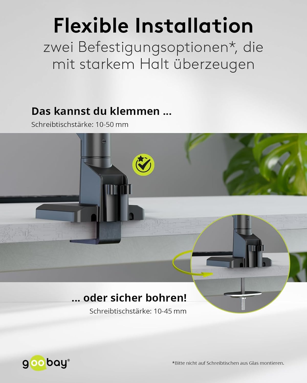 goobay Monitorhalterung mit Gasdruckfeder für Monitore von 17 bis 32 Zoll (43-81 cm), max. 9 kg, einfache Snap-in-Montage der Arme, VESA 75/100mm, schwarz