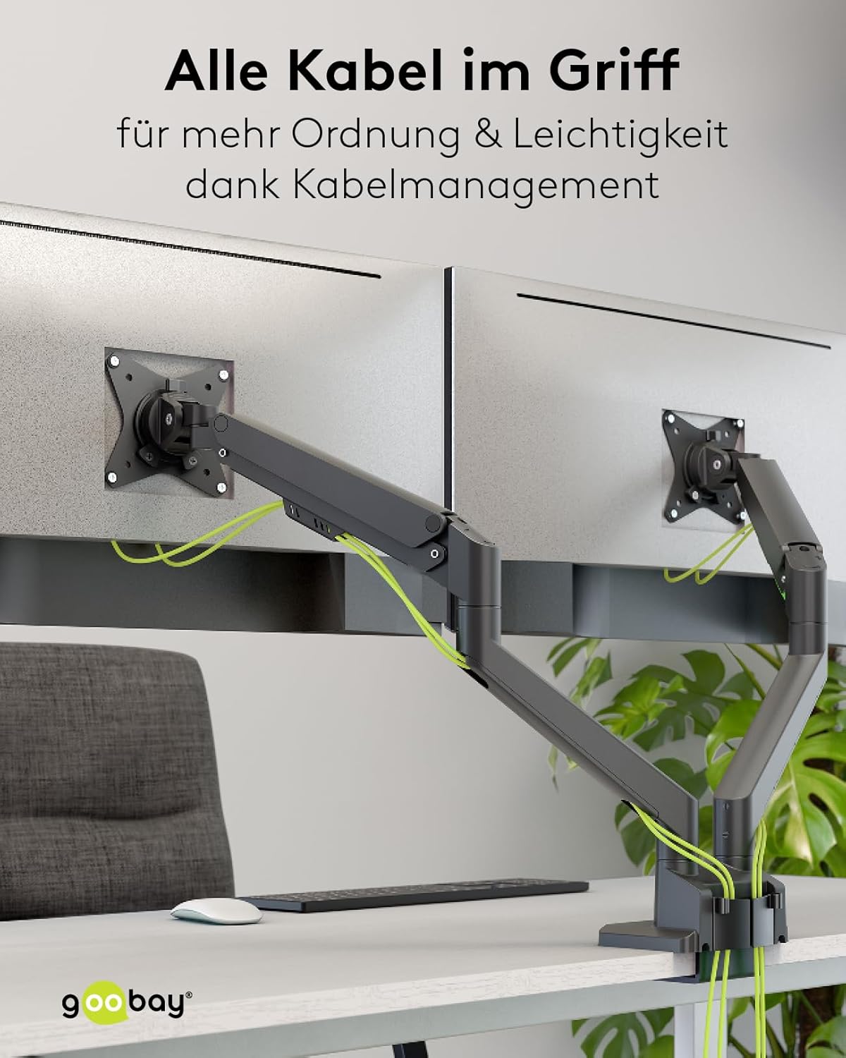 goobay Doppel Monitorhalterung mit Gasdruckfeder für Monitore von 17 bis 32 Zoll (43-81 cm), max. 9 kg, einfache Snap-in-Montage der Arme, VESA 75/100mm, schwarz