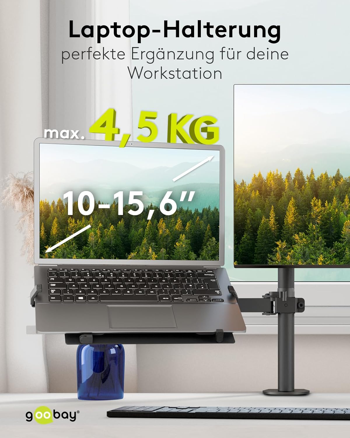 goobay Laptophalterung für Monitore von 10 bis 15,6 Zoll (25-40 cm), max. 4,5 kg, zur Montage an eine Monitorhalterung, VESA 75/100mm, schwarz