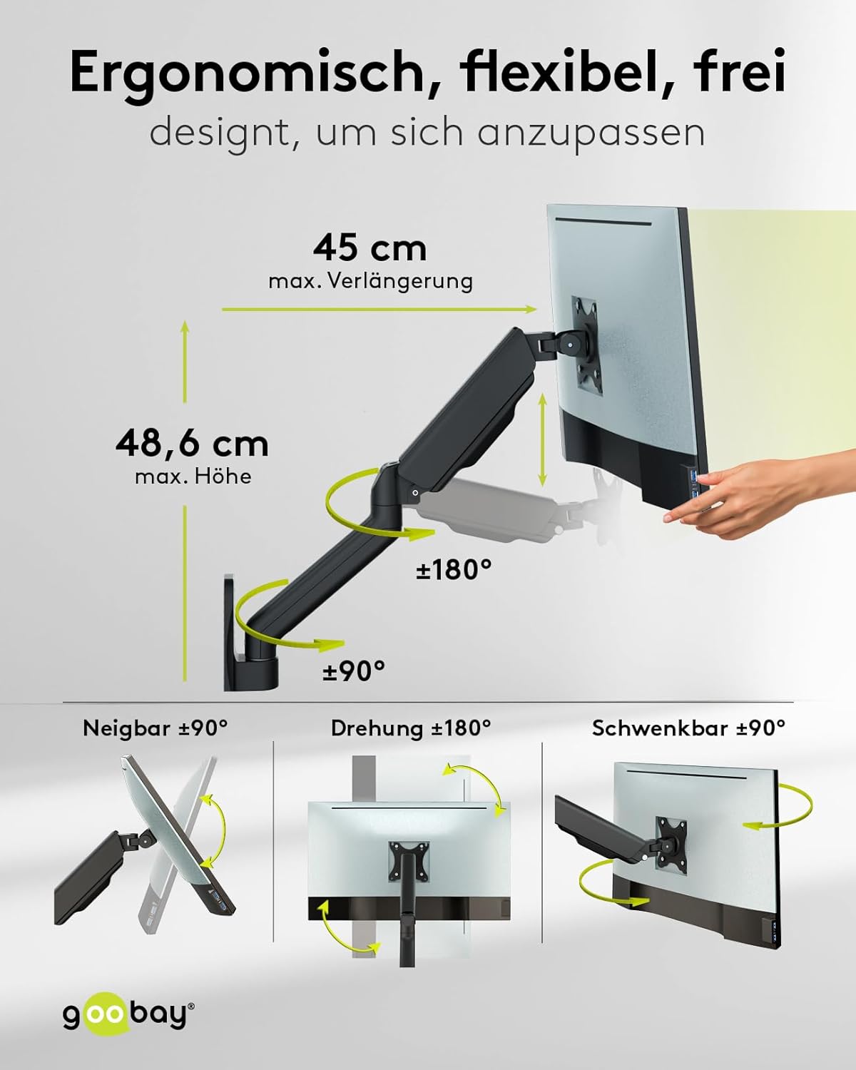 goobay Monitor Wandhalterung mit mechanischer Feder für Monitore von 17 bis 32 Zoll (43-81 cm), max. 9 kg, Wandmontage, VESA 75/100mm, schwarz