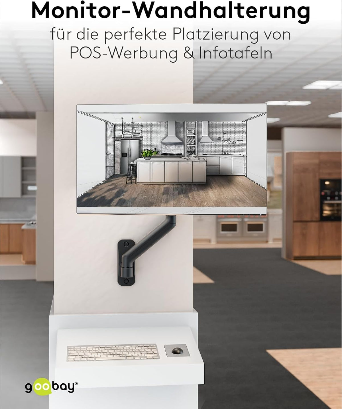 goobay Monitor Wandhalterung mit mechanischer Feder für Monitore von 17 bis 32 Zoll (43-81 cm), max. 9 kg, Wandmontage, VESA 75/100mm, schwarz