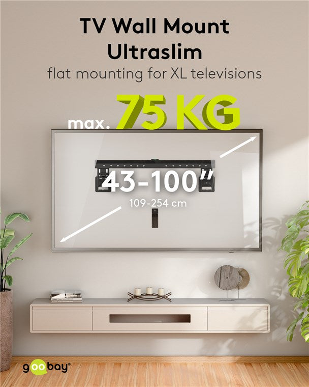 goobay TV-Wandhalterung für Fernseher von 43 bis 100 Zoll (109 – 254 cm), TV Halterung, max. 75 kg, ultraflaches Design mit 9,5 mm Wandabstand