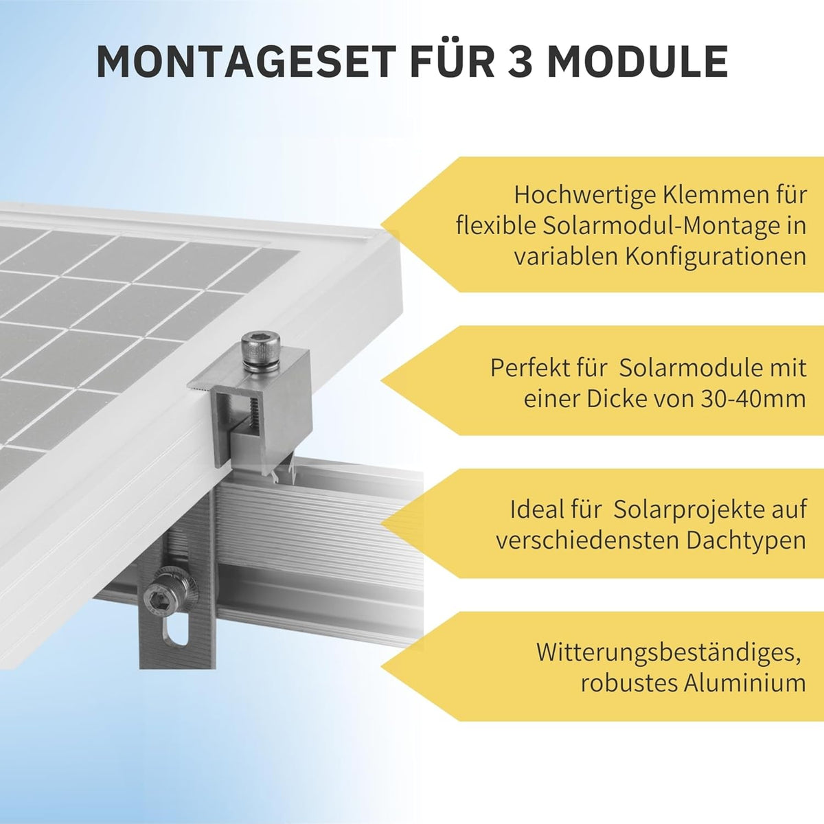 Solar Halterung Ziegeldach I Set für 3 PV Module 30-40mm I silber I Solarmodul Halterung Balkonkraftwerk I Solarmodulbefestigungsset für Ziegeldächer aus Edelstahl I PV-Halterung Montageset